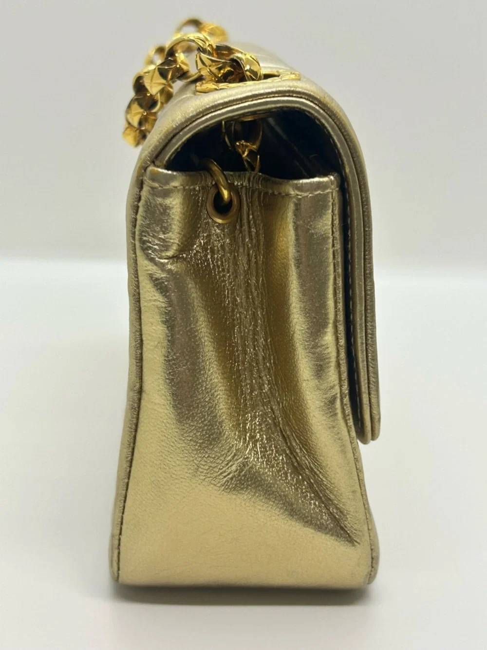 CHANEL Vintage Metallic Gold Vertical Quilt Bijou Chain Mini Border Flap Bag